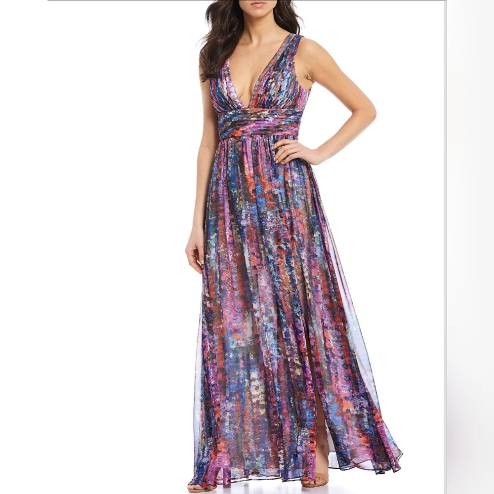 Aidan by Aidan Mattox Multicolor Floral Maxi Dress - Purple, Pink, Blue - Picture 4 of 10